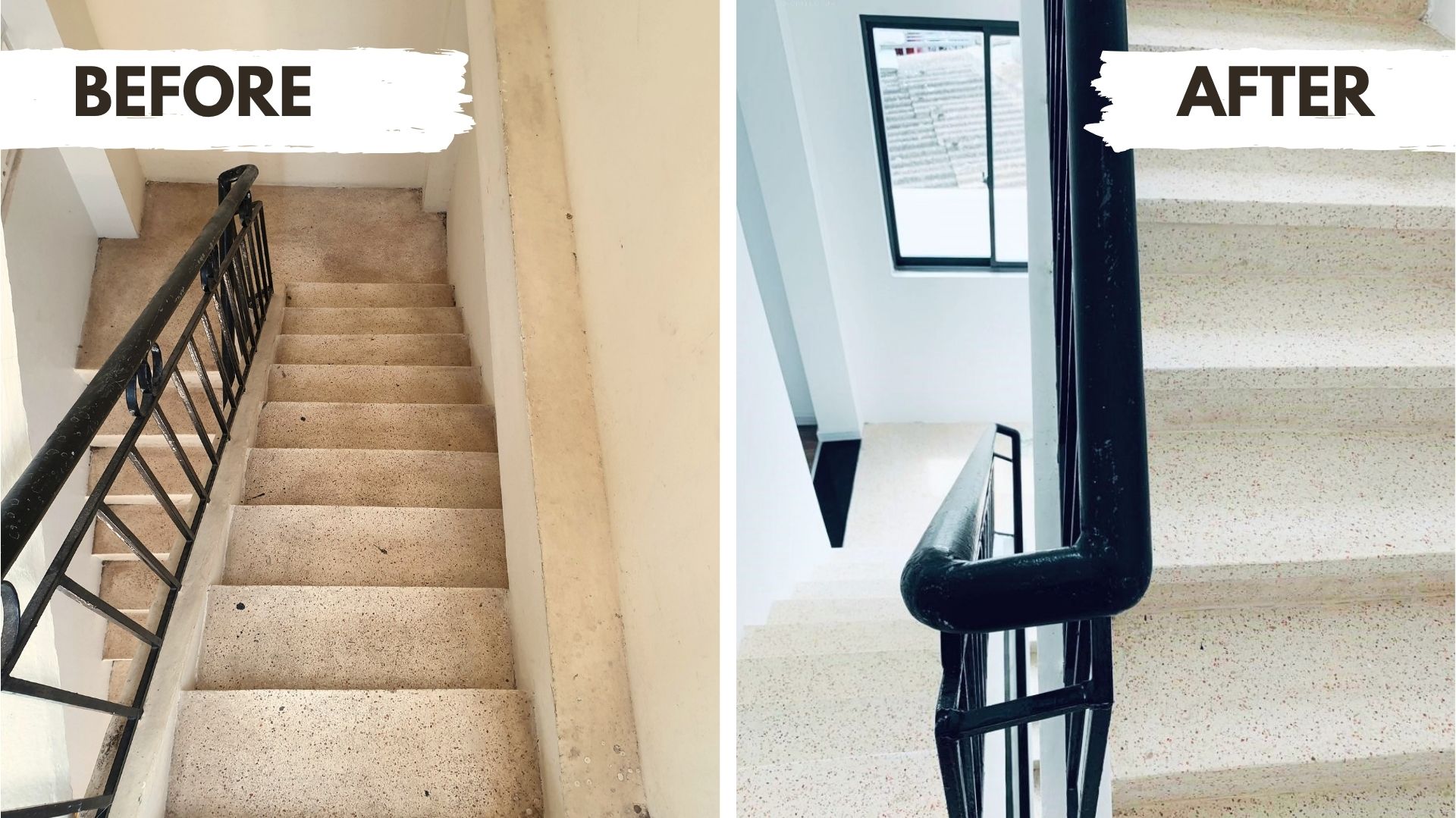 Hình ảnh trước và sau khi cải tạo cầu thang terrazzo, biến khu vực cầu thang cũ kĩ thành không gian hiện đại và sáng sủa